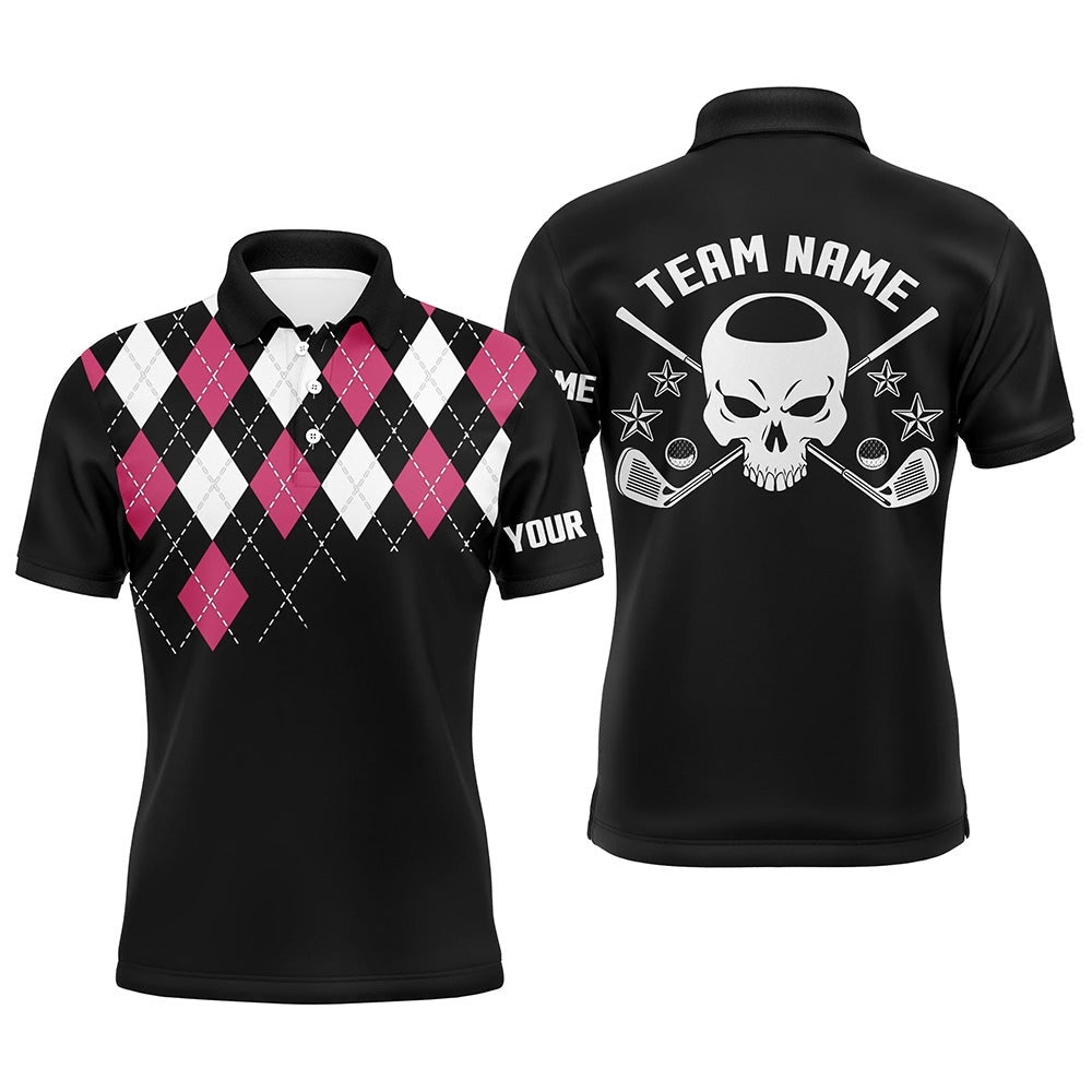 Pink Argyle Pattern Men’s Customized Skull Golf Shirts For Men, Golfer Gifts, Golf Polo Shirt, Golf Shirts