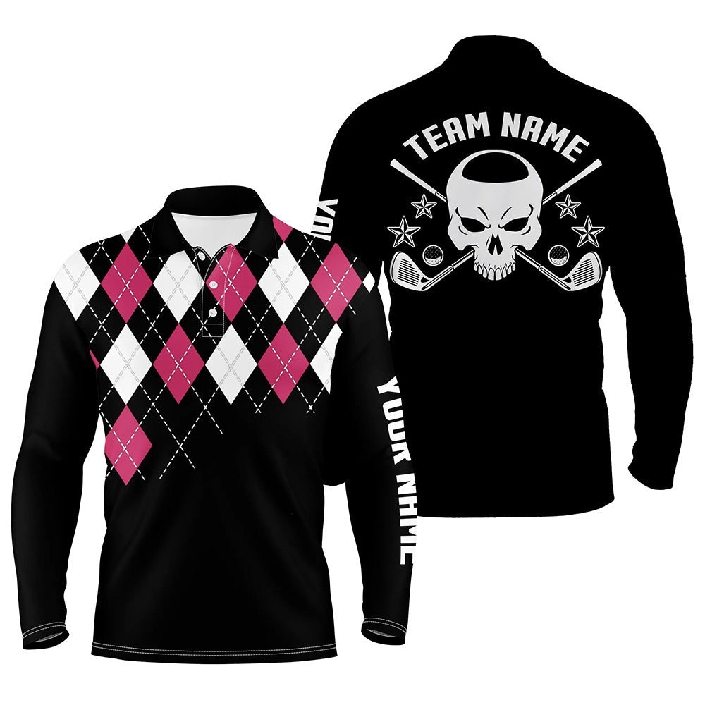 Pink Argyle Pattern Men’s Customized Skull Golf Shirts For Men, Golfer Gifts, Golf Polo Shirt, Golf Shirts