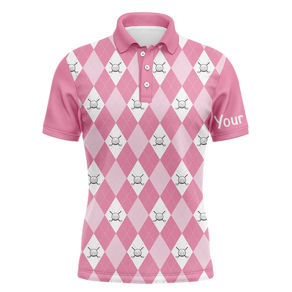 Pink Argyle Plaid Pattern Men’s Golf Polos Shirts Custom Golf Shirts For Men, Golf Polo Shirt, Golf Shirts