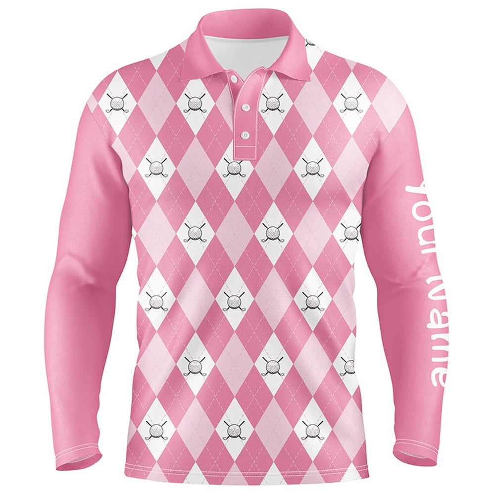 Pink Argyle Plaid Pattern Men’s Golf Polos Shirts Custom Golf Shirts For Men, Golf Polo Shirt, Golf Shirts