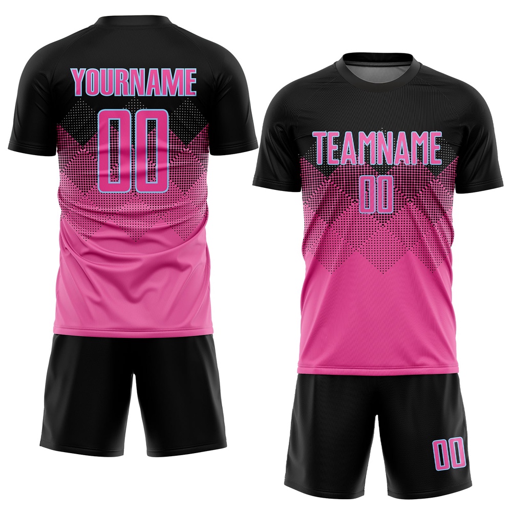Pink Black LIght Blue Gradient Square Shape Sublimation Soccer Uniform Jersey, Custom Team Soccer Jersey Shirt
