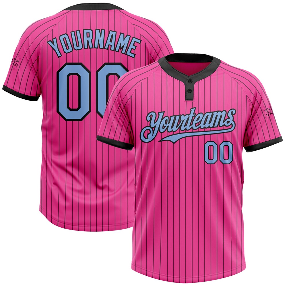 Pink Black Pinstripe Light Blue Two Button Unisex Softball Jersey, Custom Team Softball Jersey