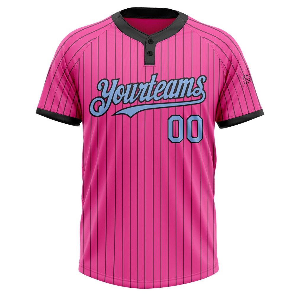 Pink Black Pinstripe Light Blue Two Button Unisex Softball Jersey, Custom Team Softball Jersey