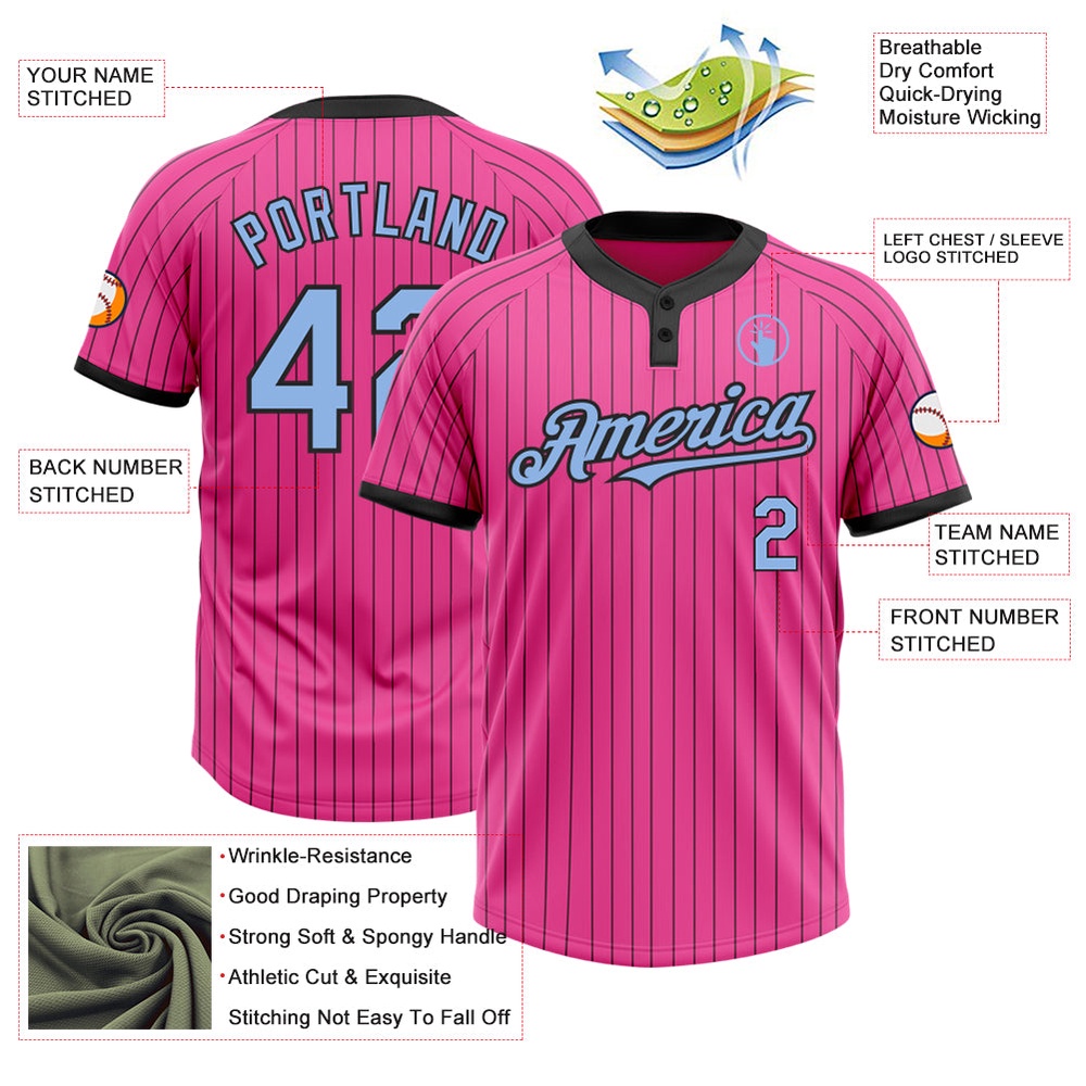 Pink Black Pinstripe Light Blue Two Button Unisex Softball Jersey, Custom Team Softball Jersey