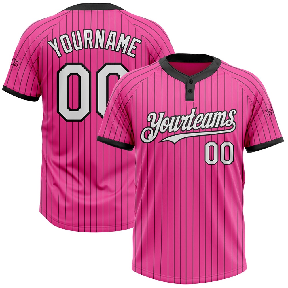 Pink Black Pinstripe White Two Button Unisex Softball Jersey, Custom Team Softball Jersey