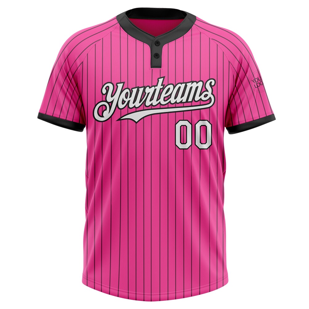Pink Black Pinstripe White Two Button Unisex Softball Jersey, Custom Team Softball Jersey