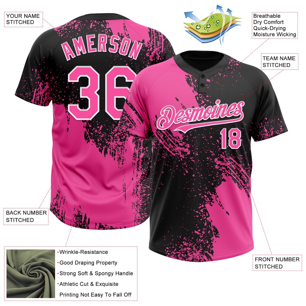 Pink Black White 3D Pattern Abstract Brush Stroke Two Button Unisex Softball Jersey, Custom Team Softball Jersey