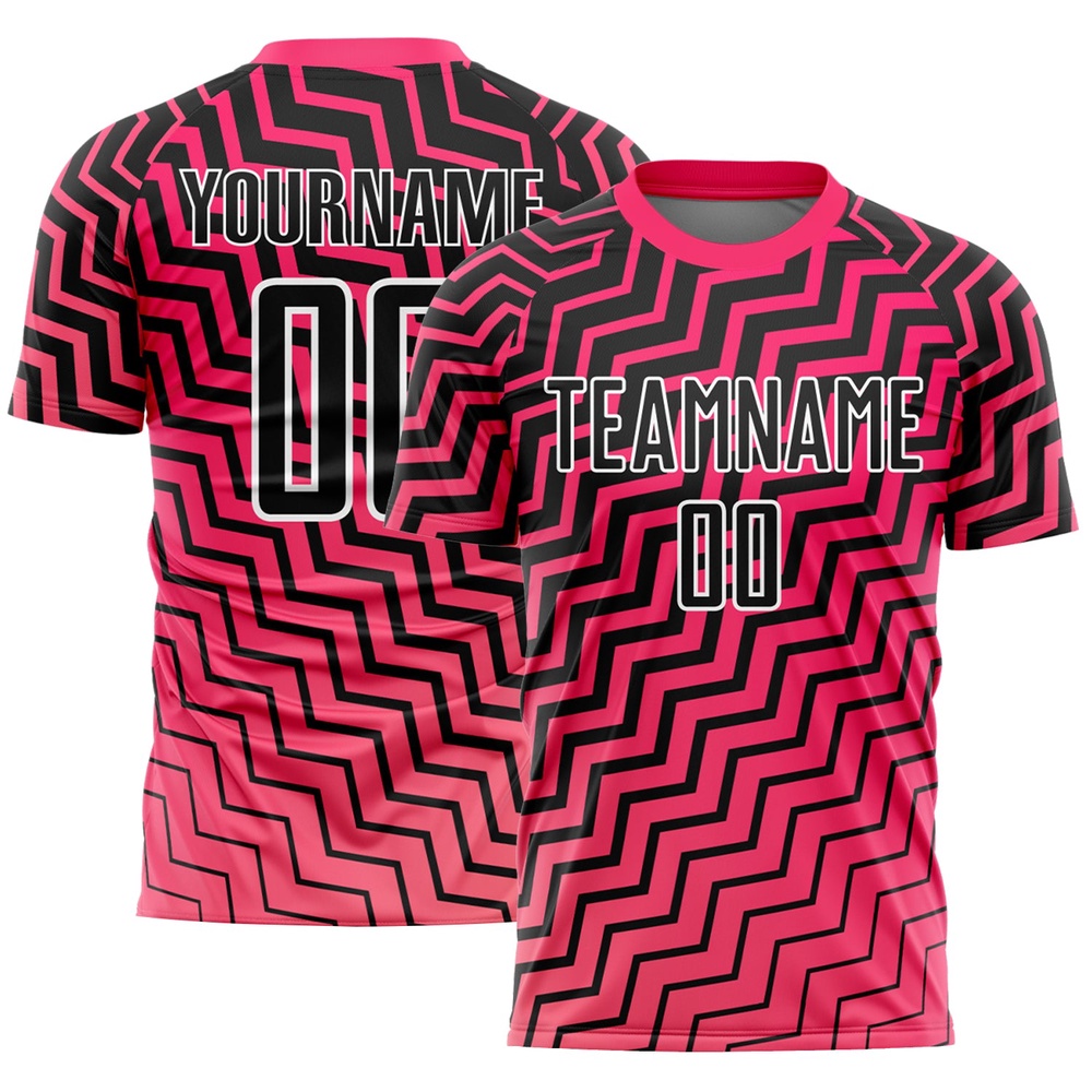 Pink Black White Geometric Lines Sublimation Soccer Uniform Jersey, Custom Team Soccer Jersey Shirt