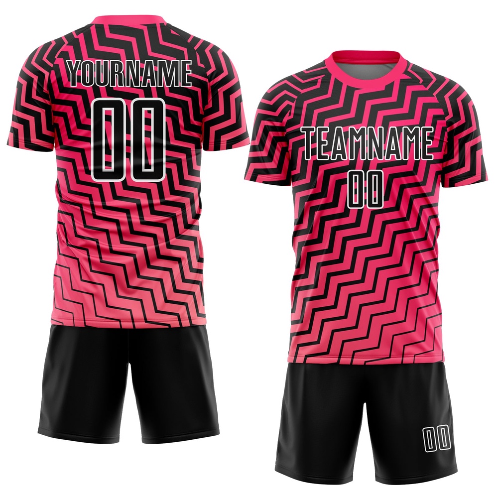 Pink Black White Geometric Lines Sublimation Soccer Uniform Jersey, Custom Team Soccer Jersey Shirt