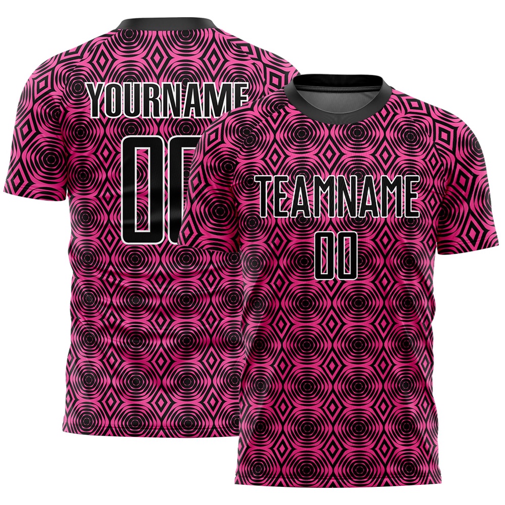 Pink Black White Geometric Shapes Sublimation Soccer Uniform Jersey, Custom Team Soccer Jersey Shirt