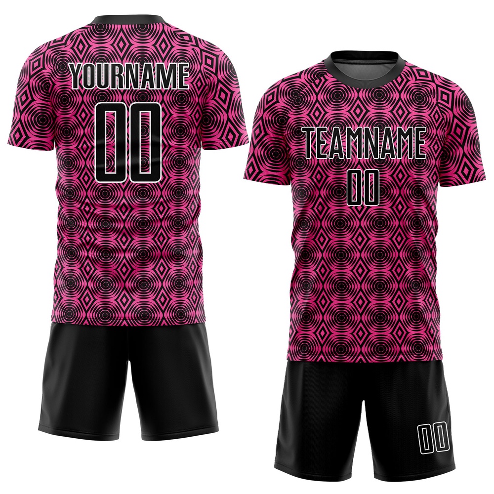 Pink Black White Geometric Shapes Sublimation Soccer Uniform Jersey, Custom Team Soccer Jersey Shirt