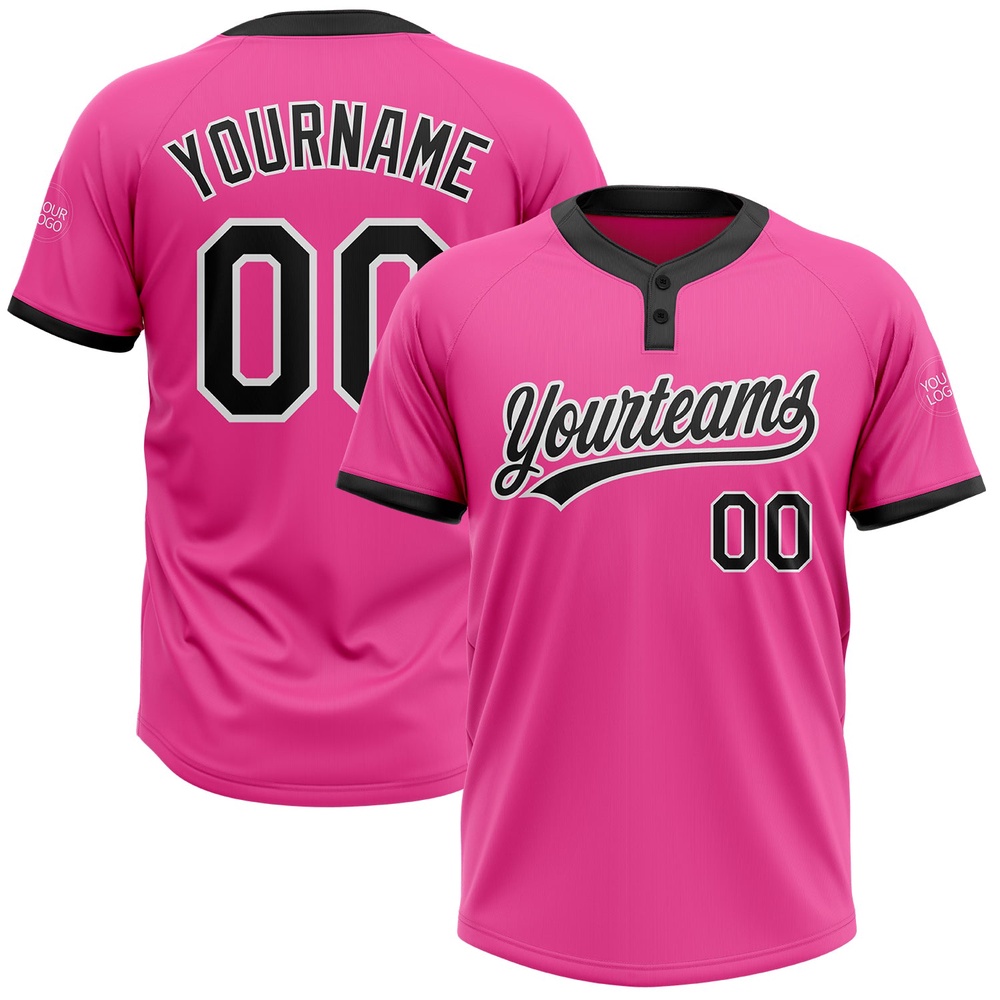 Pink Black White Two Button Unisex Softball Jersey, Custom Team Softball Jersey