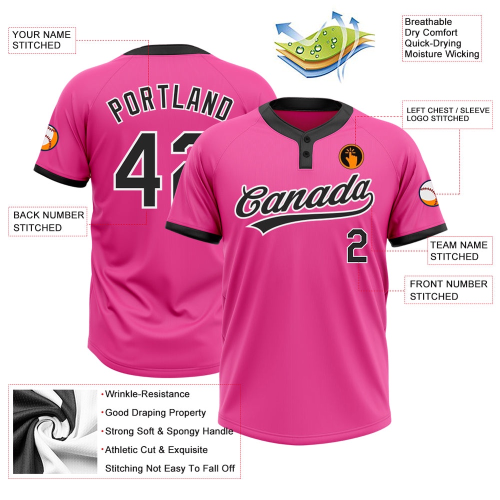 Pink Black White Two Button Unisex Softball Jersey, Custom Team Softball Jersey