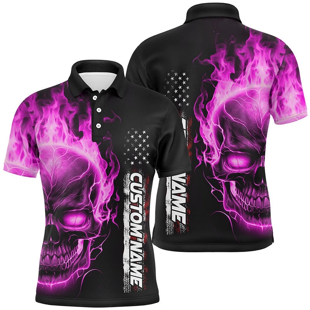 Pink Flame Skull Custom Bowling Polo Shirts For Men And Women, American Bowling Team Polo Shirt, Personalized Bowling Team Shirt Pink Flame Skull Custom Bowling Polo Shirts For Men And Women, American Bowling Team Polo Shirt, Personalized Bowling Team Shirt