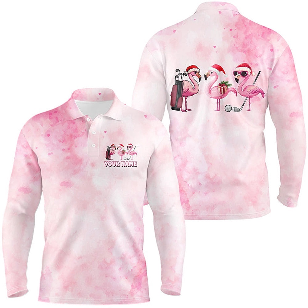 Pink Flamingo Christmas Men Golf Polo Shirts Custom Christmas Golf Shirts For Men, Golf Polo Shirt, Golf Shirts