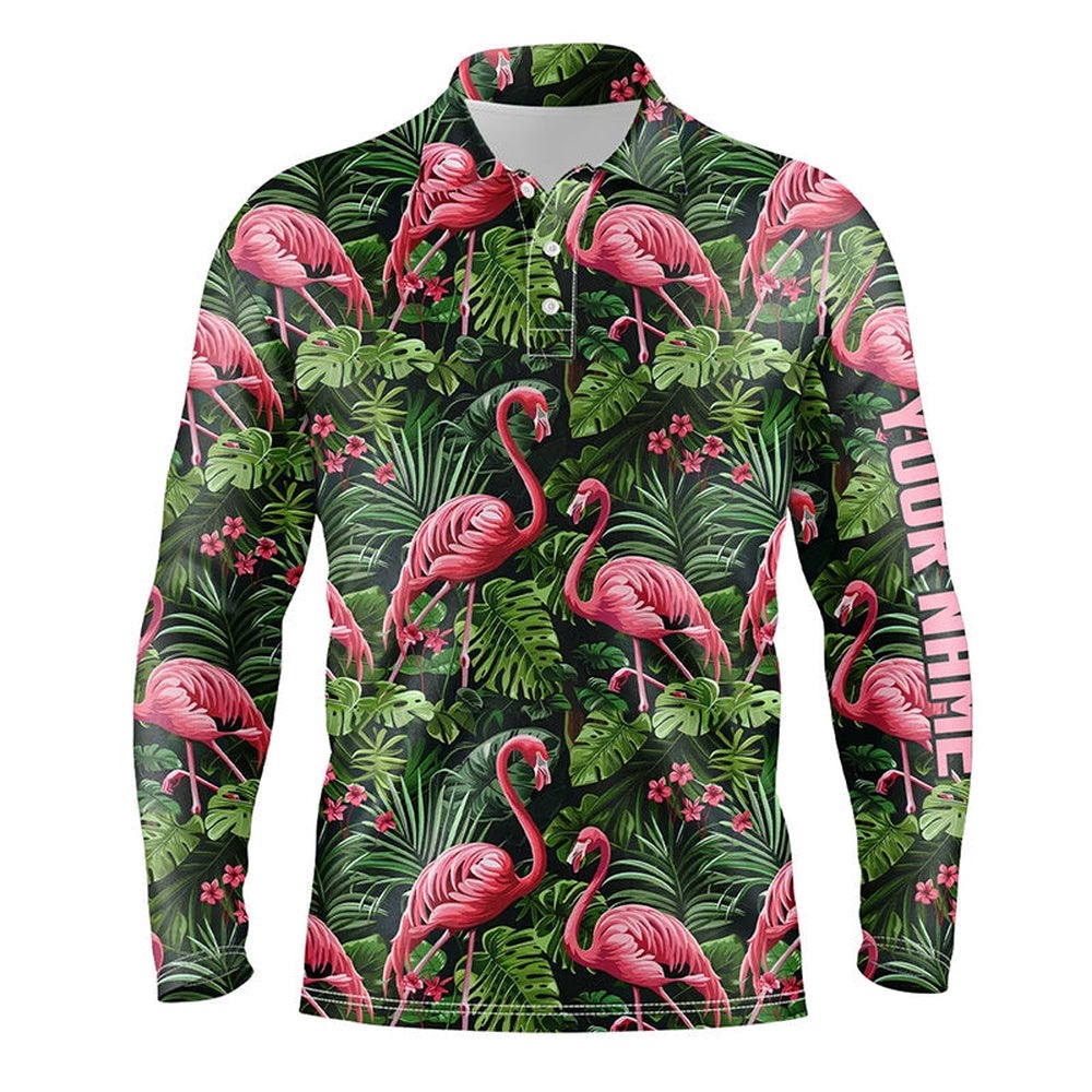 Pink Flamingo Tropical Pattern Men’s Golf Polo Shirts Custom Golf Shirts For Men’s Golf Gifts, Golf Polo Shirt, Golf Shirts