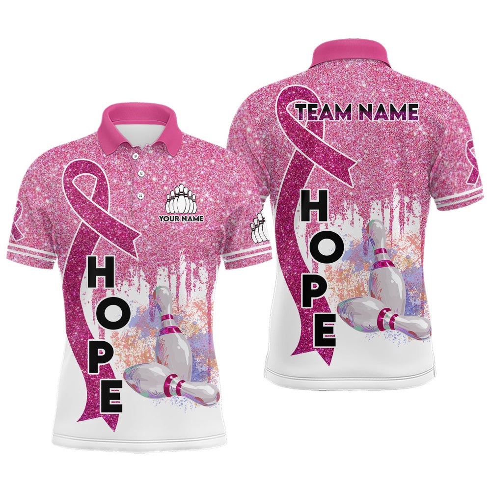 Pink Glitter Ribbon Breast Cancer Awareness Bowling Polo Shirt Custom Team Bowling Polo Shirt For Men, Personalized Bowling Team Shirt