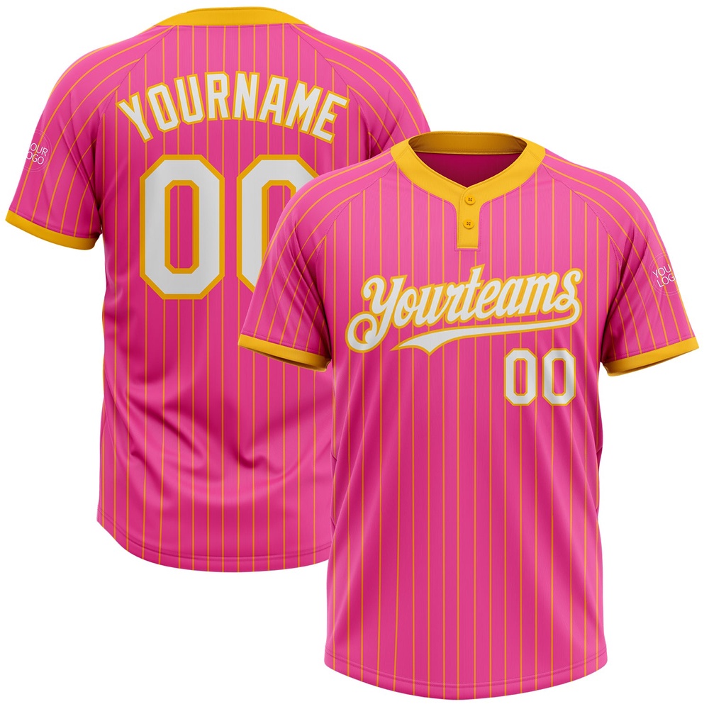 Pink Gold Pinstripe White Two Button Unisex Softball Jersey, Custom Team Softball Jersey