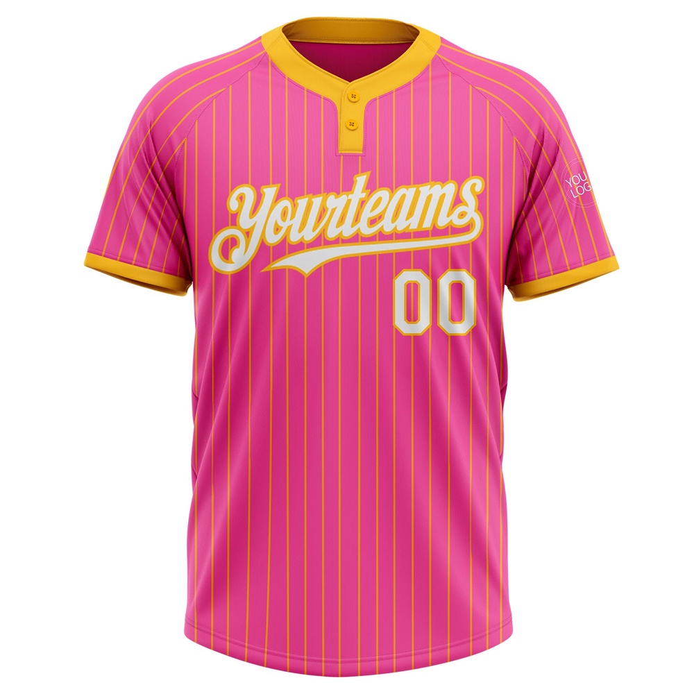 Pink Gold Pinstripe White Two Button Unisex Softball Jersey, Custom Team Softball Jersey