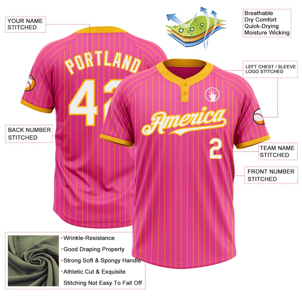 Pink Gold Pinstripe White Two Button Unisex Softball Jersey, Custom Team Softball Jersey