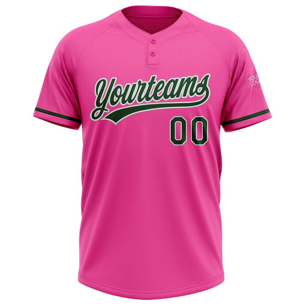 Pink Green White Two Button Unisex Softball Jersey, Custom Team Softball Jersey