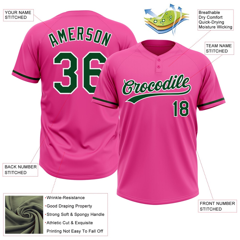 Pink Green White Two Button Unisex Softball Jersey, Custom Team Softball Jersey