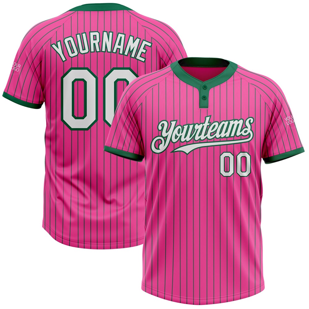 Pink Kelly Green Pinstripe White Two Button Unisex Softball Jersey, Custom Team Softball Jersey