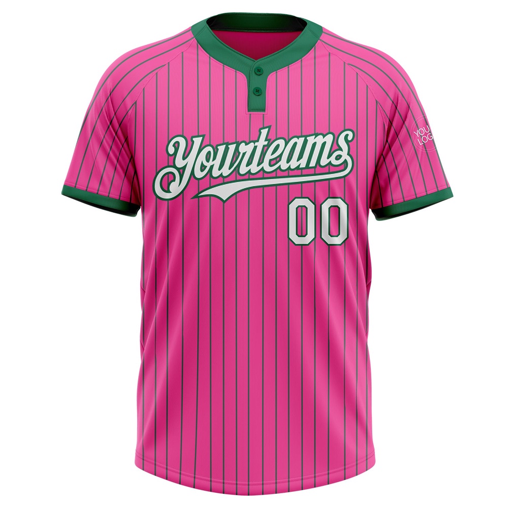 Pink Kelly Green Pinstripe White Two Button Unisex Softball Jersey, Custom Team Softball Jersey