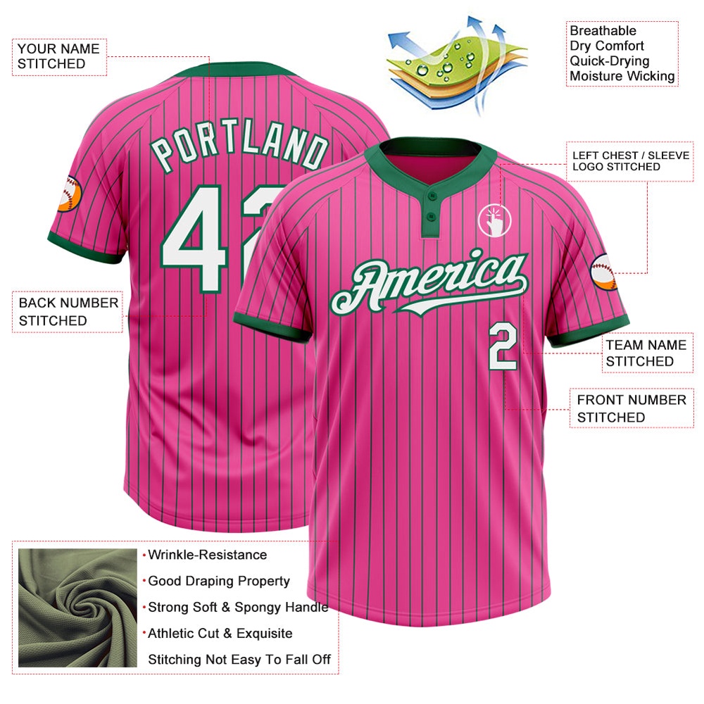 Pink Kelly Green Pinstripe White Two Button Unisex Softball Jersey, Custom Team Softball Jersey