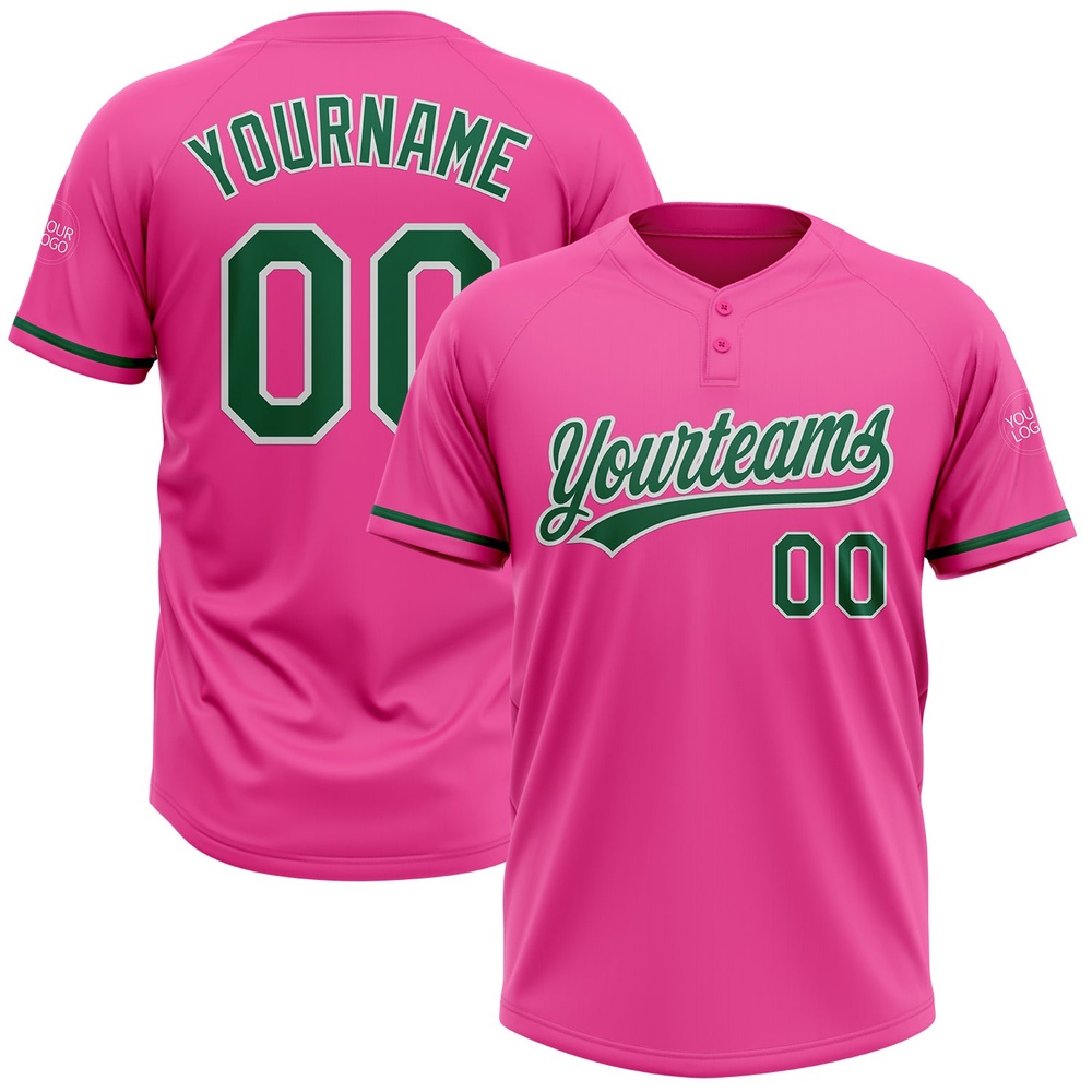 Pink Kelly Green White Two Button Unisex Softball Jersey, Custom Team Softball Jersey