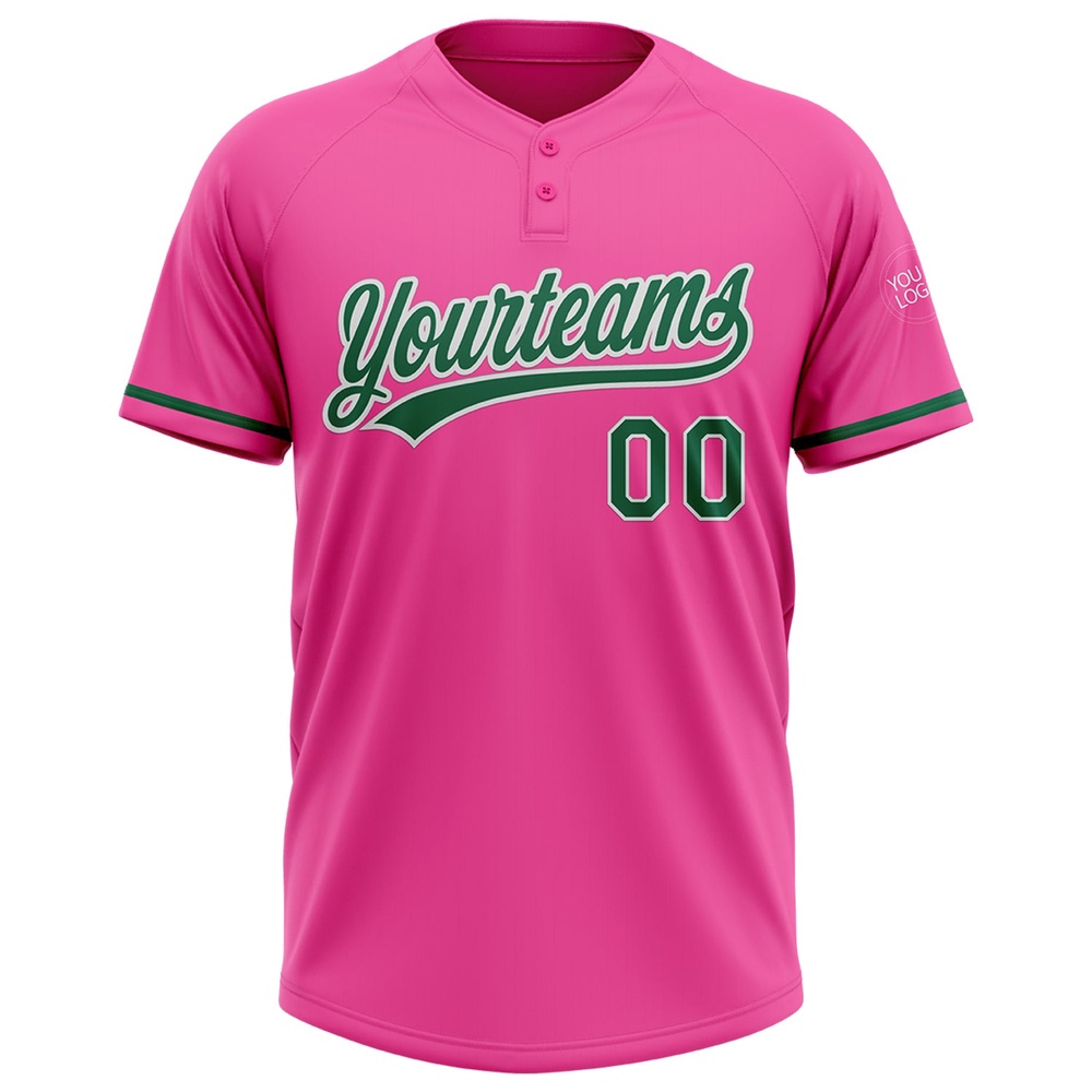 Pink Kelly Green White Two Button Unisex Softball Jersey, Custom Team Softball Jersey