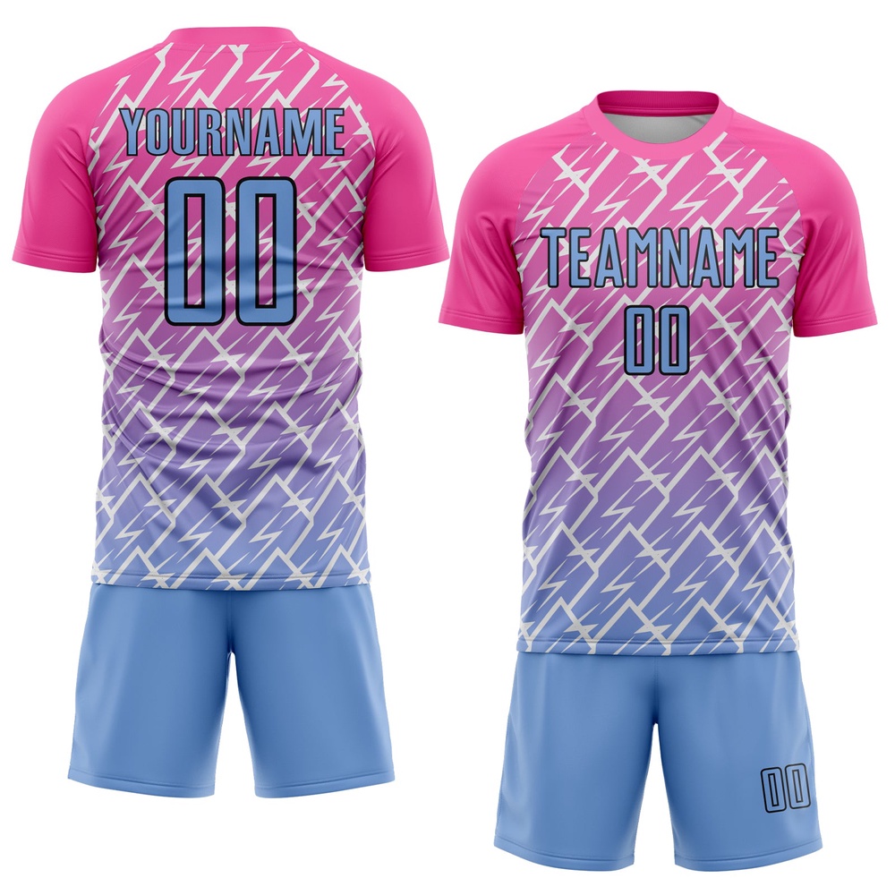 Pink Light Blue Black Lightning Sublimation Soccer Uniform Jersey, Custom Team Soccer Jersey Shirt