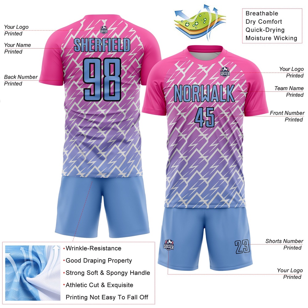 Pink Light Blue Black Lightning Sublimation Soccer Uniform Jersey, Custom Team Soccer Jersey Shirt