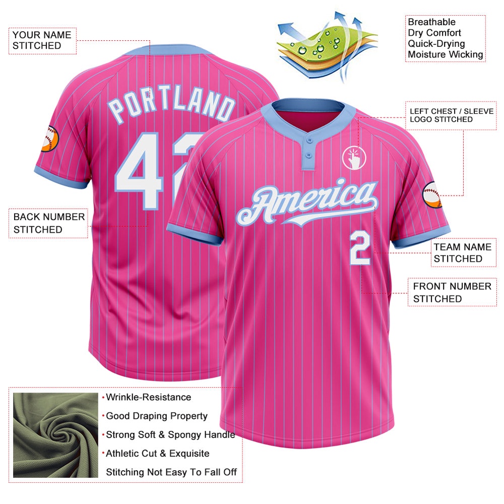 Pink Light Blue Pinstripe White Two Button Unisex Softball Jersey, Custom Team Softball Jersey