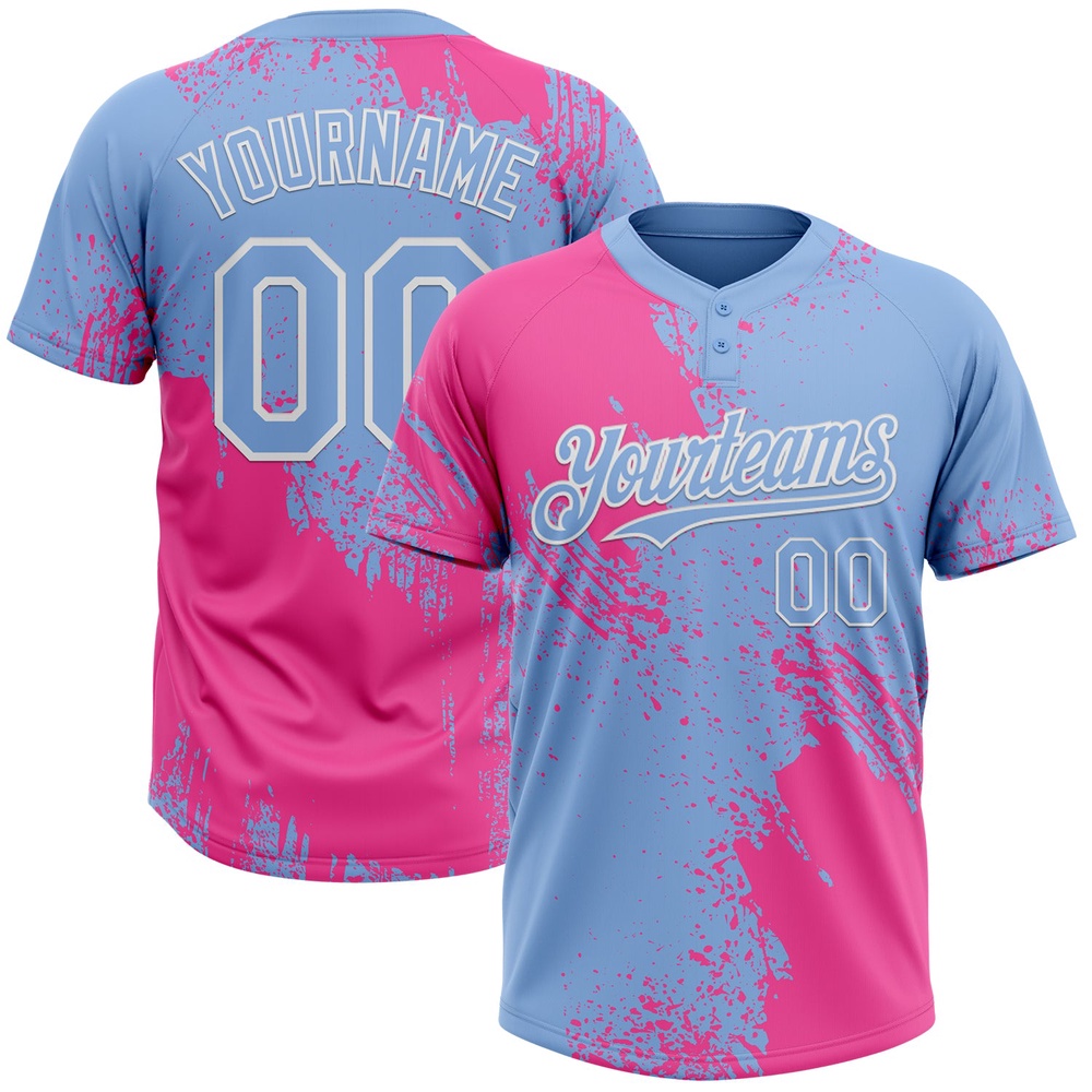 Pink Light Blue White 3D Pattern Abstract Brush Stroke Two Button Unisex Softball Jersey, Custom Team Softball Jersey