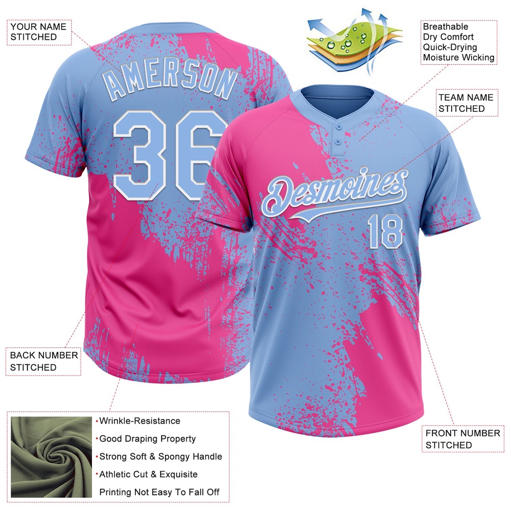 Pink Light Blue White 3D Pattern Abstract Brush Stroke Two Button Unisex Softball Jersey, Custom Team Softball Jersey