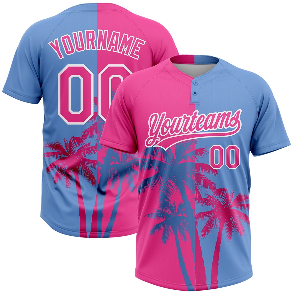 Pink Light Blue White 3D Pattern Hawaii Coconut Trees Two Button Unisex Softball Jersey, Custom Team Softball Jersey