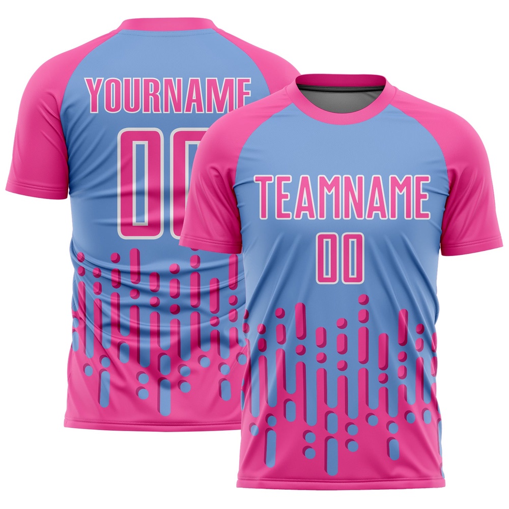 Pink Light Blue White Abstract Fluid Wave Sublimation Soccer Uniform Jersey, Custom Team Soccer Jersey Shirt