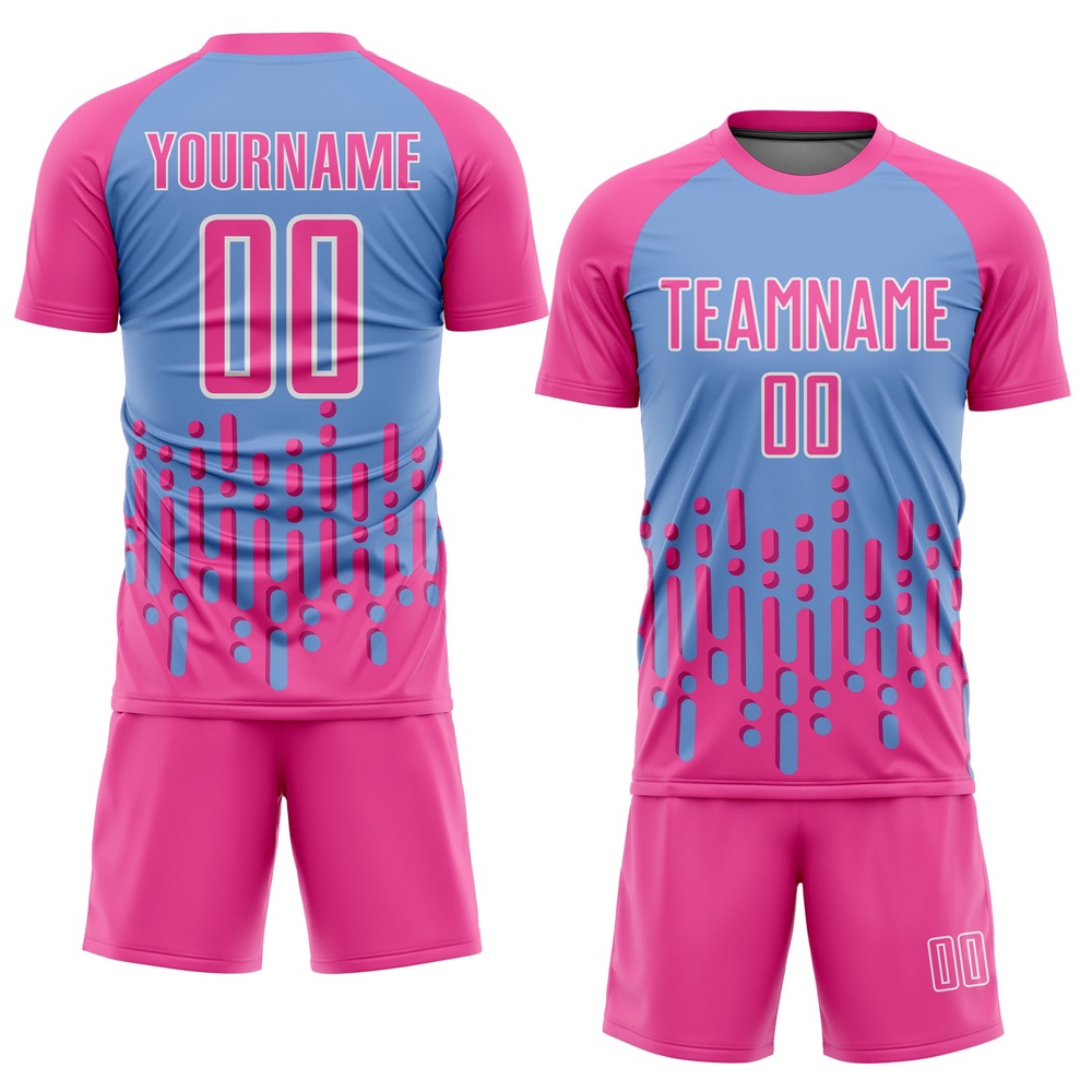 Pink Light Blue White Abstract Fluid Wave Sublimation Soccer Uniform Jersey, Custom Team Soccer Jersey Shirt