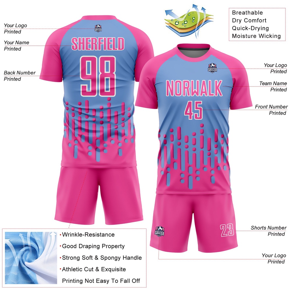 Pink Light Blue White Abstract Fluid Wave Sublimation Soccer Uniform Jersey, Custom Team Soccer Jersey Shirt