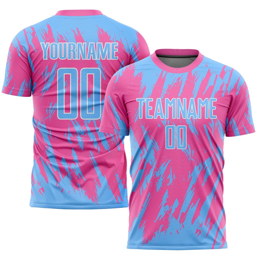 Pink Light Blue White Sublimation Soccer Uniform Jersey, Custom Team Soccer Jersey Shirt