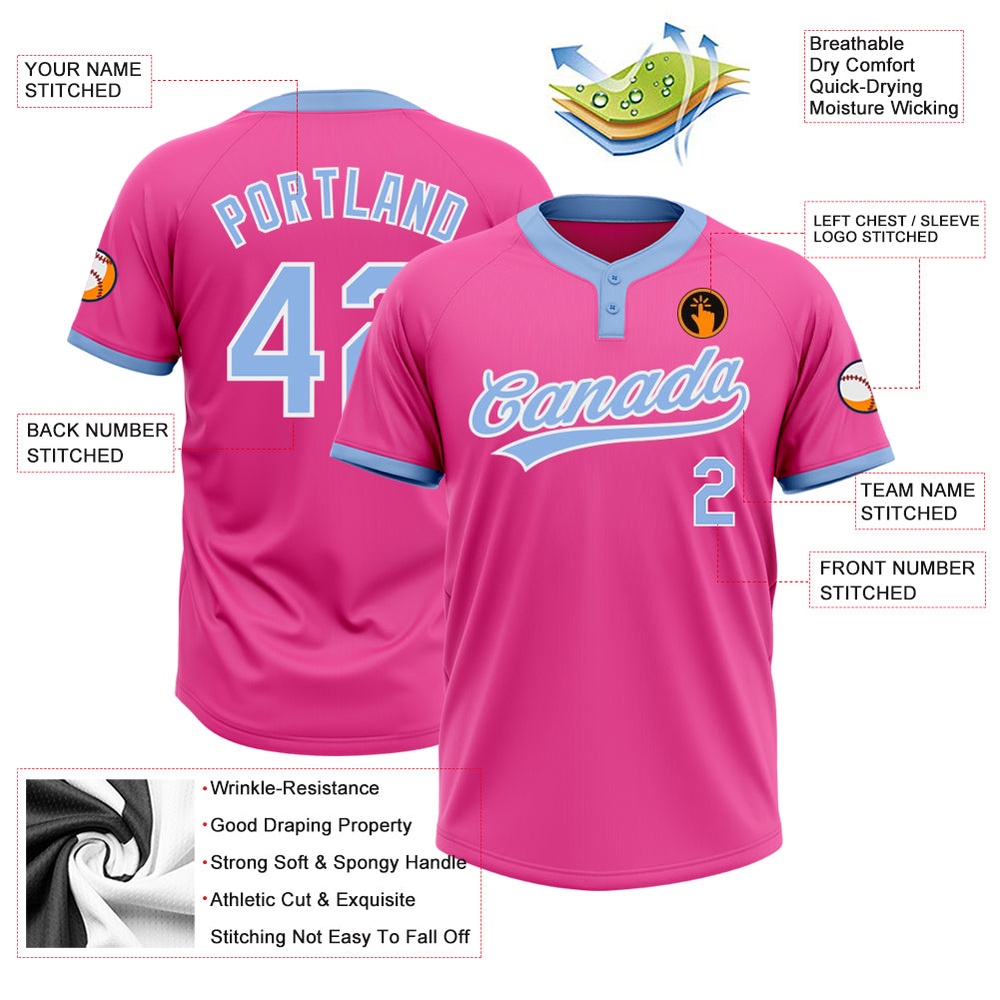 Pink Light Blue White Two Button Unisex Softball Jersey, Custom Team Softball Jersey