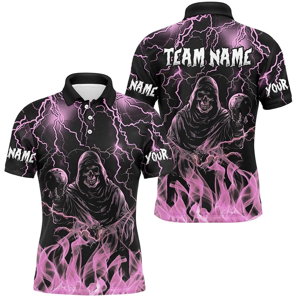 Pink Lightning Thunder Skull Flame Bowling Shirts For Men Custom Bowling Team League Polo Shirt, Personalized Bowling Team Shirt Pink Lightning Thunder Skull Flame Bowling Shirts For Men Custom Bowling Team League Polo Shirt, Personalized Bowling Team Shirt