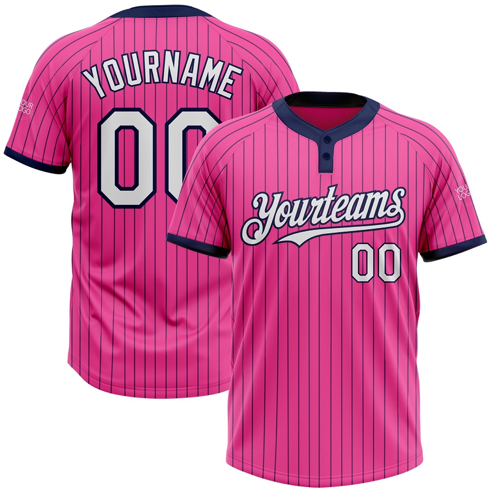 Pink Navy Pinstripe White Two Button Unisex Softball Jersey, Custom Team Softball Jersey
