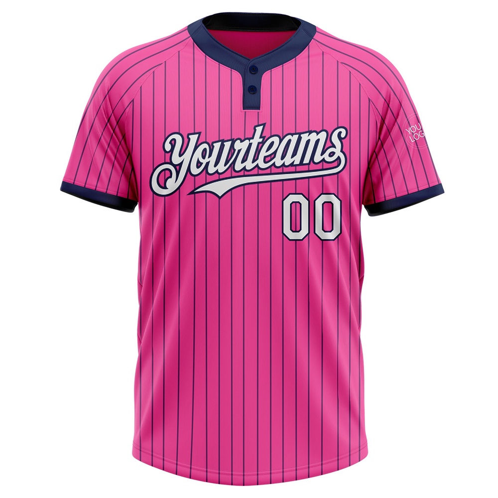 Pink Navy Pinstripe White Two Button Unisex Softball Jersey, Custom Team Softball Jersey