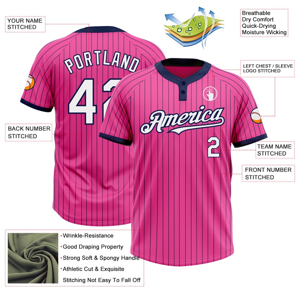 Pink Navy Pinstripe White Two Button Unisex Softball Jersey, Custom Team Softball Jersey