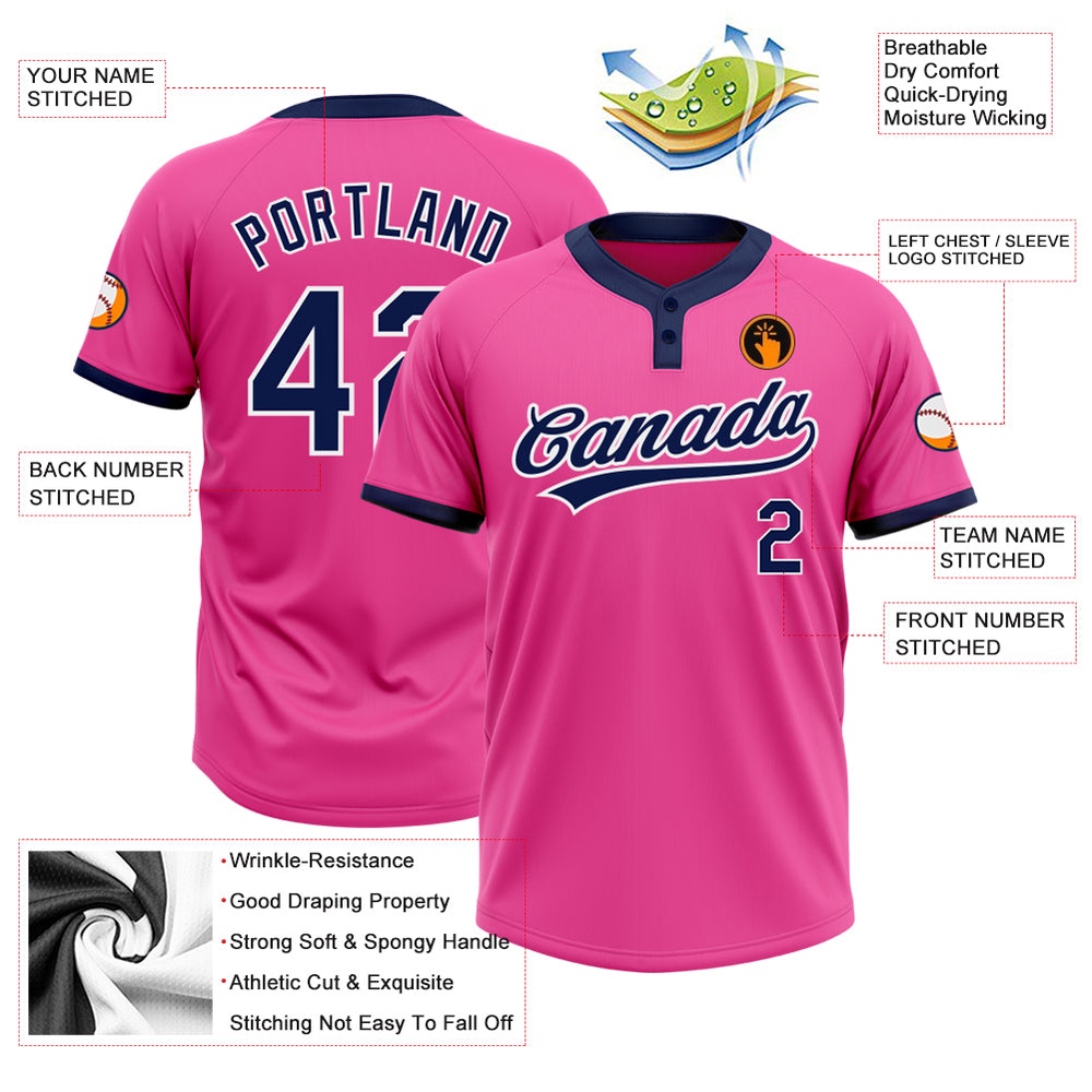 Pink Navy White Two Button Unisex Softball Jersey, Custom Team Softball Jersey