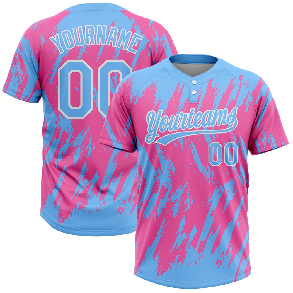 Pink Powder Blue White 3D Pattern Two Button Unisex Softball Jersey, Custom Team Softball Jersey
