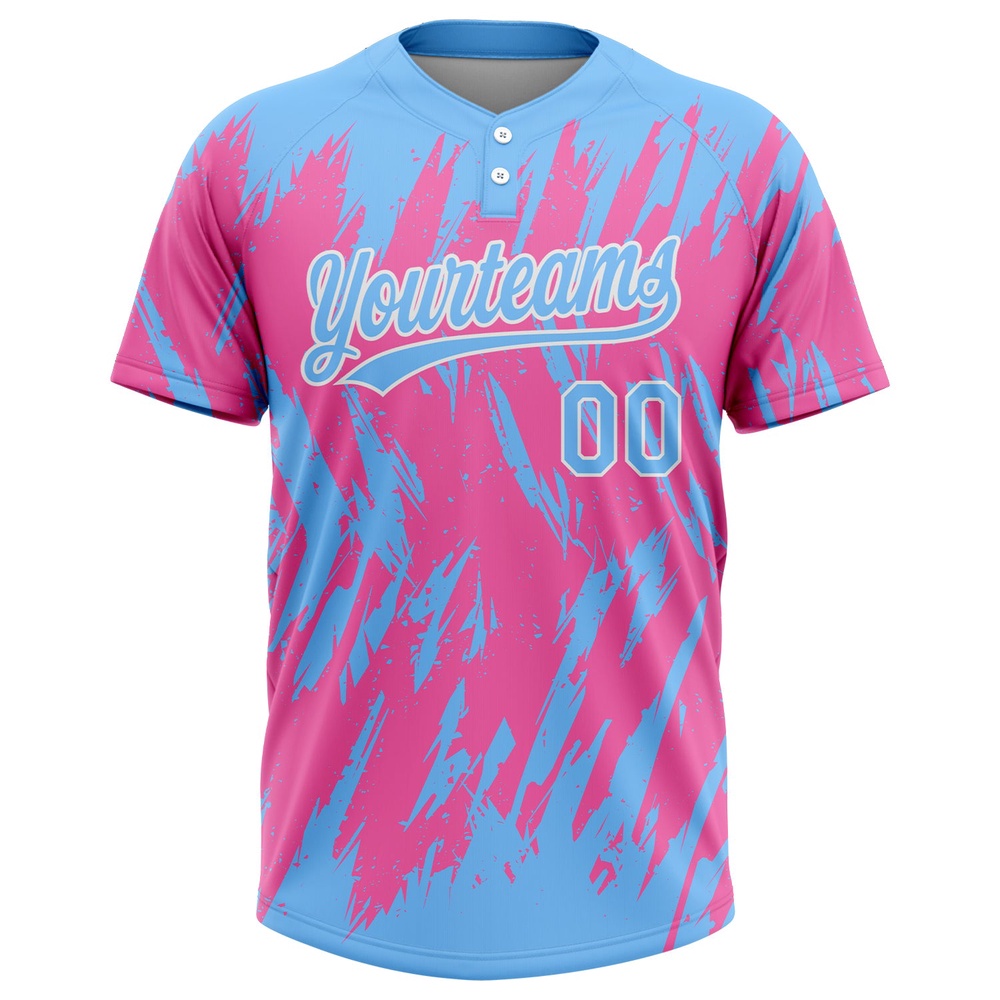 Pink Powder Blue White 3D Pattern Two Button Unisex Softball Jersey, Custom Team Softball Jersey