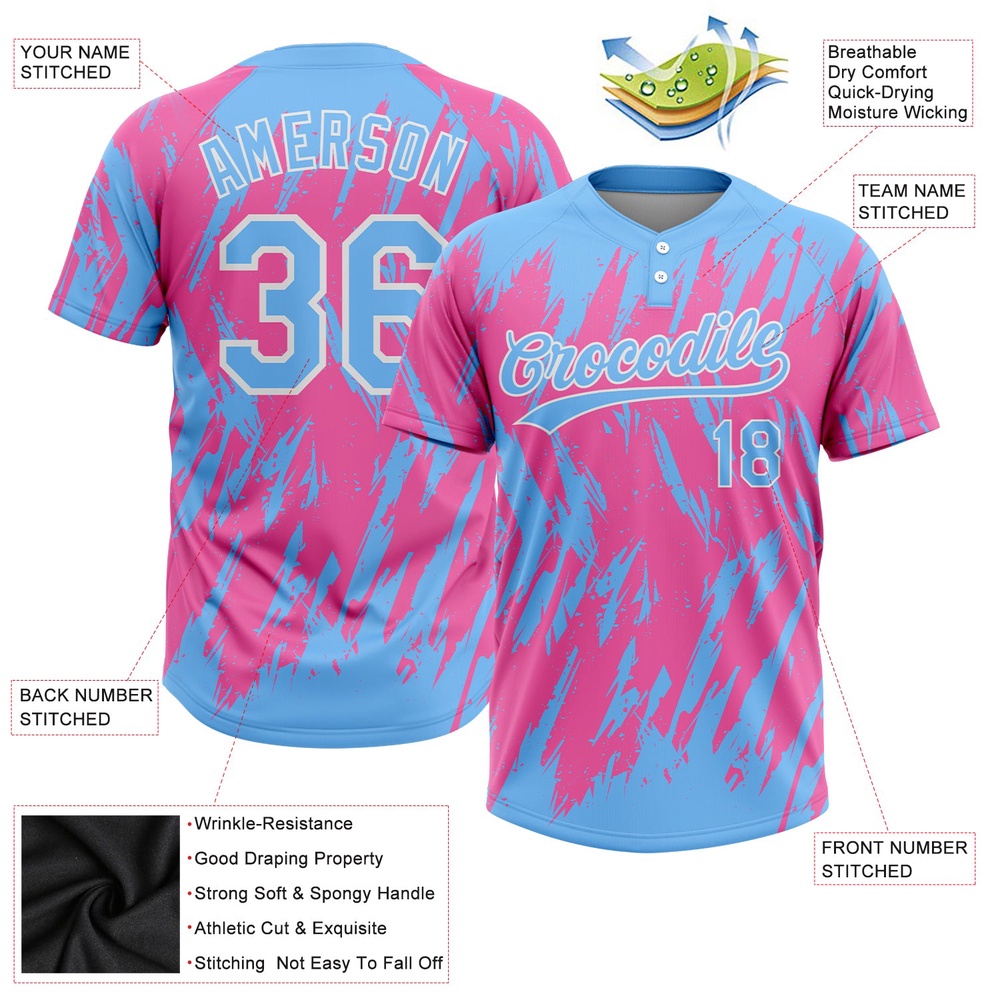 Pink Powder Blue White 3D Pattern Two Button Unisex Softball Jersey, Custom Team Softball Jersey